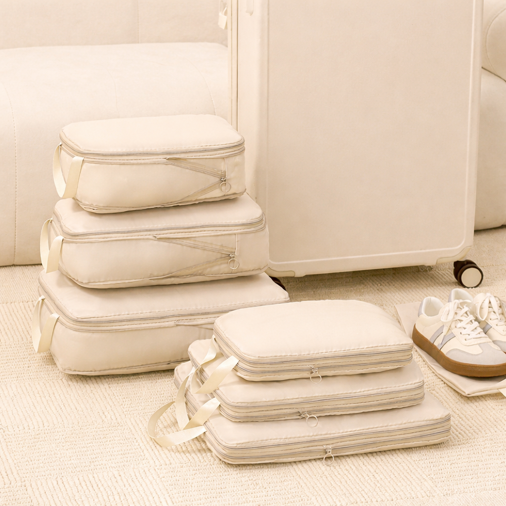 stack of various sized beige compression packing cubes ready for efficient suitcase packing