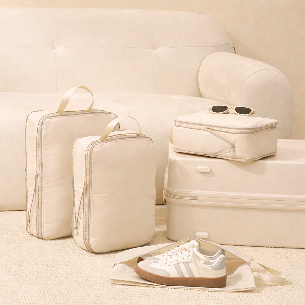 beige compression packing cubes and shoe bag displayed on a sofa with travel accessories