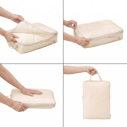 4-step guide showing how to fill, zip, and compress the water-resistant travel organizers
