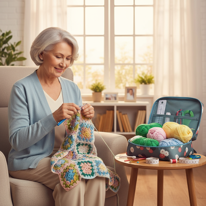 senior female artist creating a colorful hand-stitched crochet project using tools from the DIY set