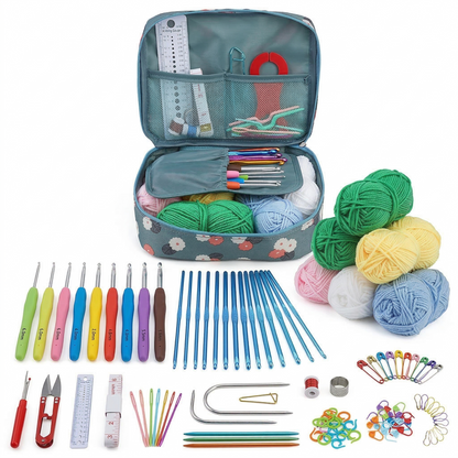 comprehensive DIY crochet set with various hook sizes, yarn balls, measuring tape, and knitting accessories