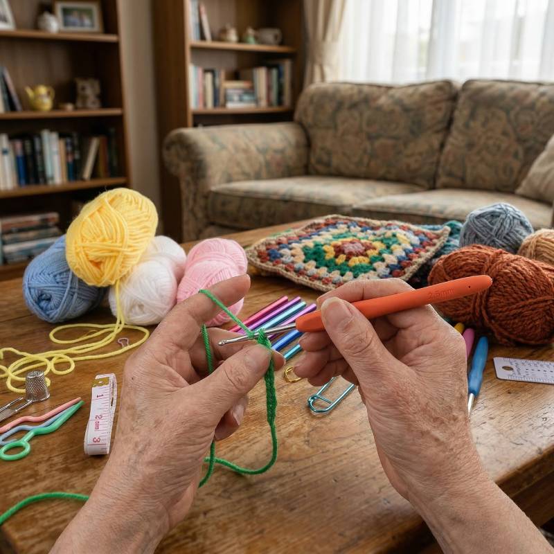 close-up of senior hands using an ergonomic crochet hook and green yarn for a creative DIY project