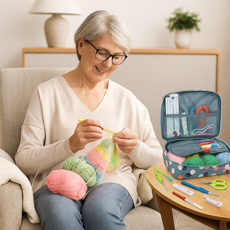 senior woman enjoying a relaxing afternoon activity while crocheting with a portable organizer bag
