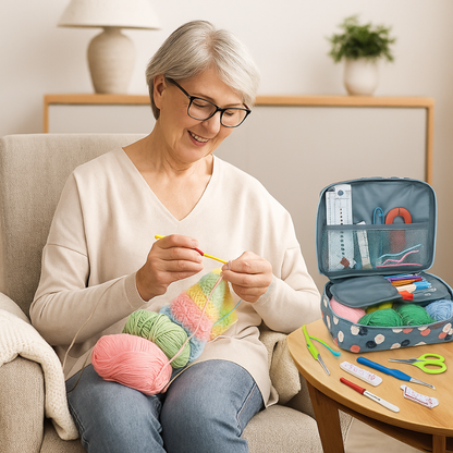 senior woman enjoying a relaxing afternoon activity while crocheting with a portable organizer bag