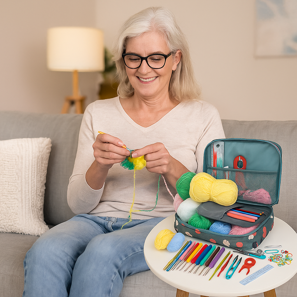 senior woman happily practicing her crocheting hobby at home with a complete beginner-friendly kit