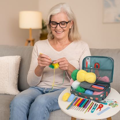 senior woman happily practicing her crocheting hobby at home with a complete beginner-friendly kit