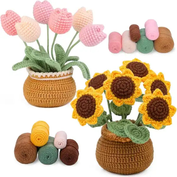 collection of hand-stitched crochet tulips and sunflowers in knitted pots for home decoration