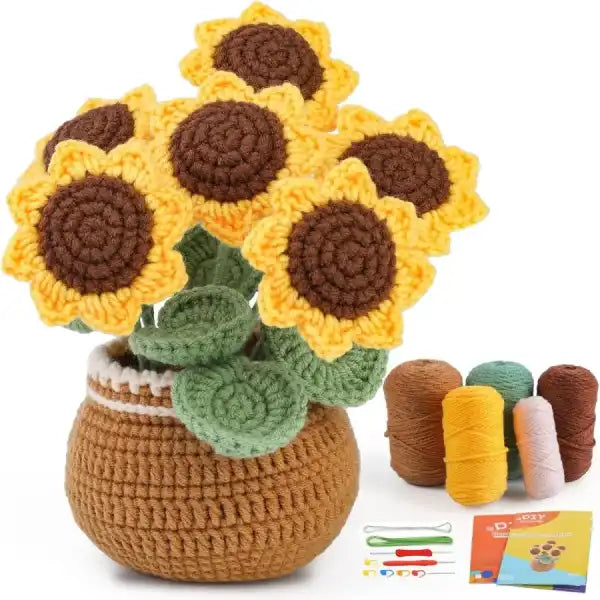 complete sunflower crochet kit with yarn, stuffing, and tools for a senior-friendly craft hobby