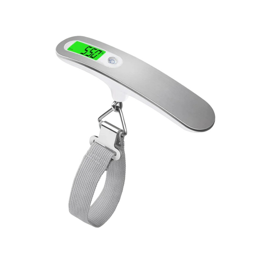 Silver digital luggage scale with a green backlit display and gray luggage strap.