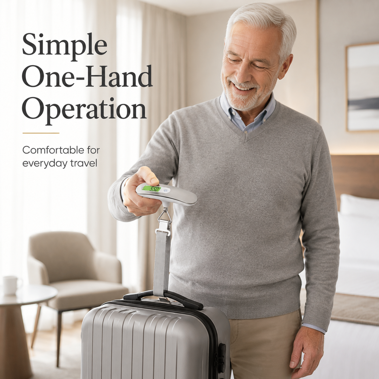 Older man weighing a suitcase with a silver digital luggage scale using one hand.