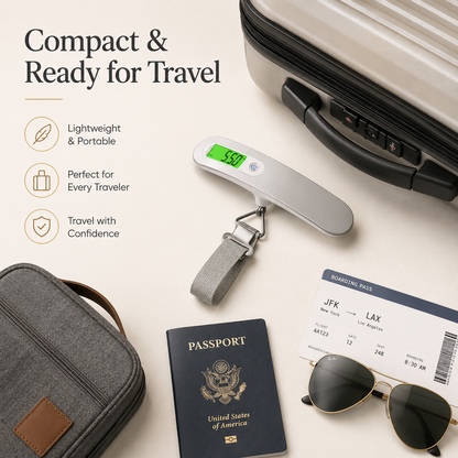 Digital luggage scale next to a suitcase, passport, sunglasses, and boarding pass 