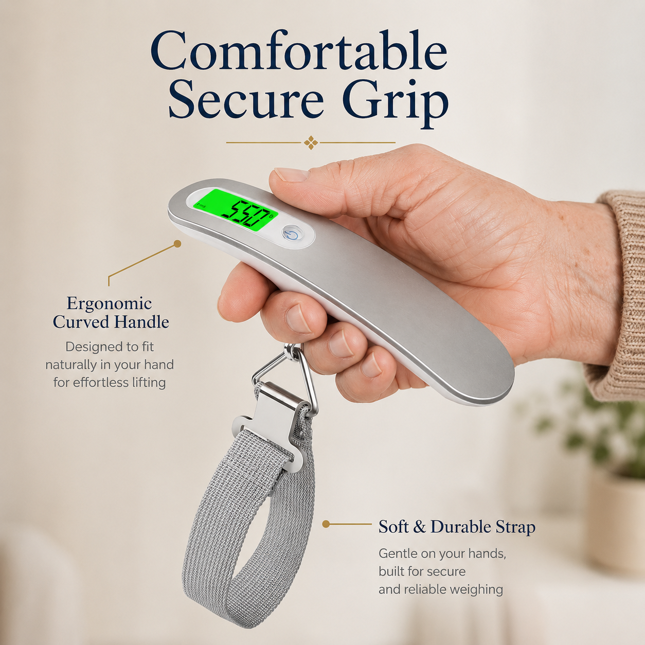 Digital luggage scale with ergonomic handle and soft strap held by a hand
