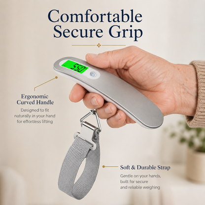 Digital luggage scale with ergonomic handle and soft strap held by a hand