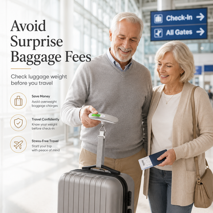 Older couple using a digital luggage scale at an airport to avoid overweight baggage fees.