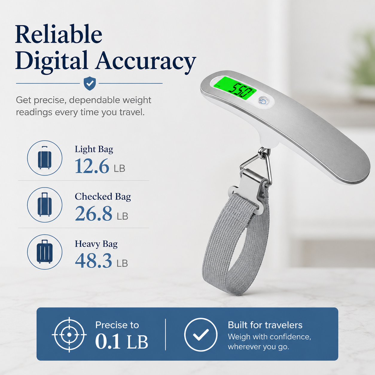 Silver digital luggage scale with a green backlit display and sample readings for light, checked, and heavy bags.