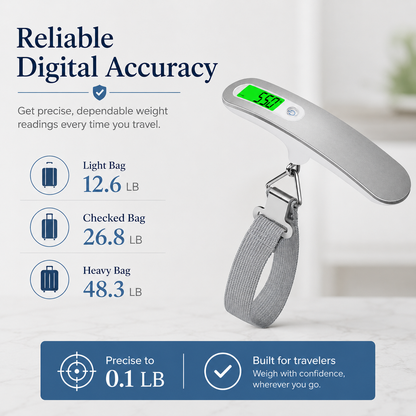 Silver digital luggage scale with a green backlit display and sample readings for light, checked, and heavy bags.