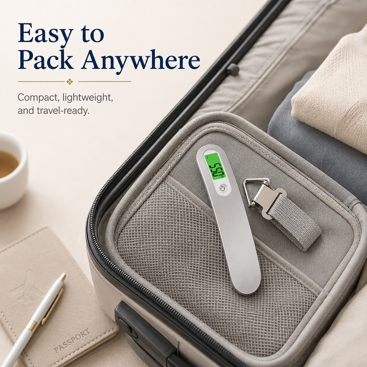 Compact silver digital luggage scale packed inside a suitcase beside a passport and folded clothes.