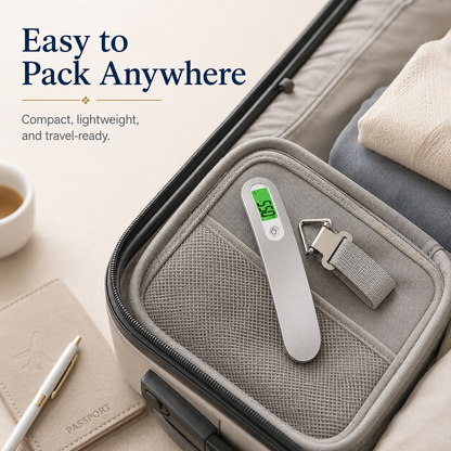 Compact silver digital luggage scale packed inside a suitcase beside a passport and folded clothes.