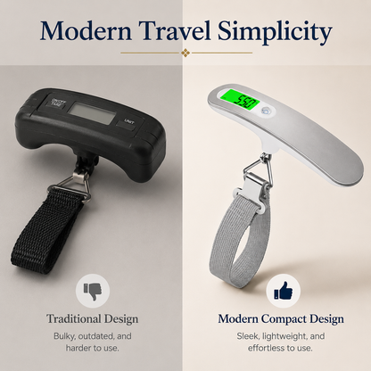 Comparison of a bulky traditional luggage scale and a sleek silver digital luggage scale with a backlit display.