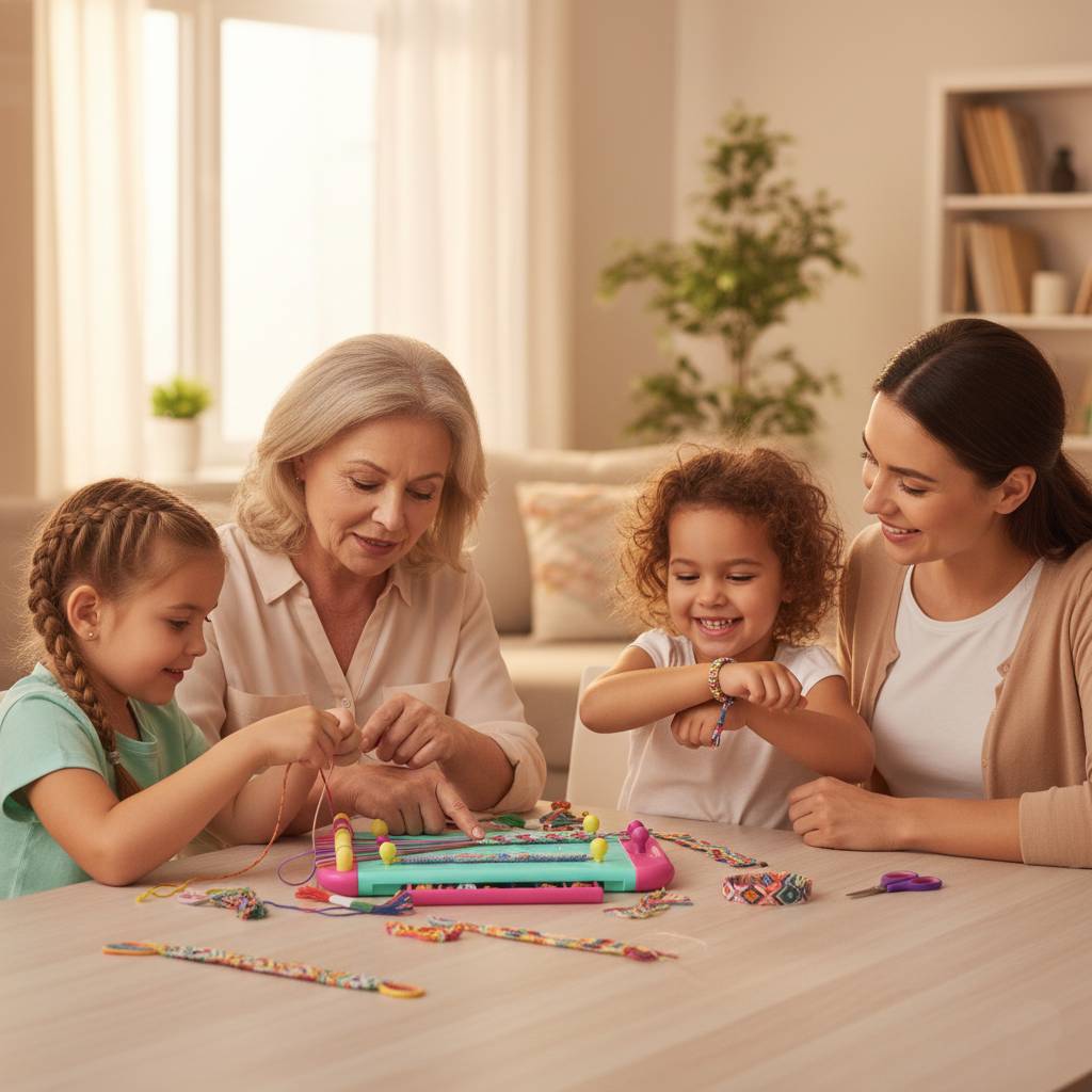 grandmother, mother, and children enjoying a creative bracelet making session at a wooden table