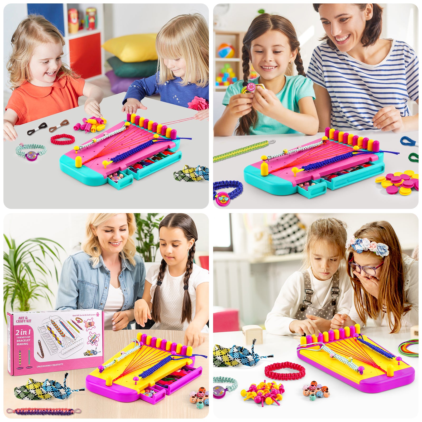 collage of children happily crafting with the DIY bracelet kit showing various braiding techniques