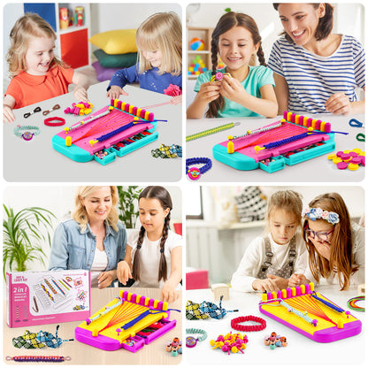 collage of children happily crafting with the DIY bracelet kit showing various braiding techniques