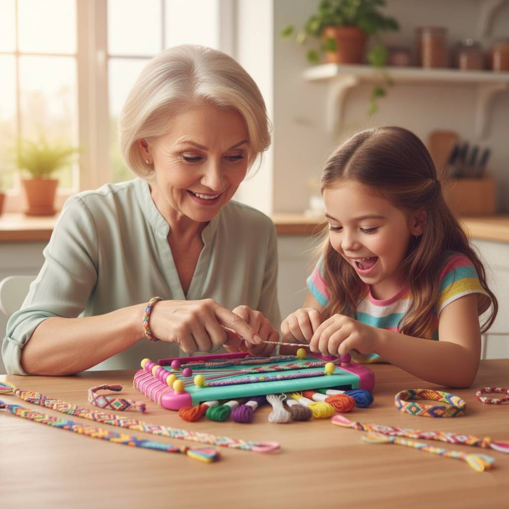 senior woman and young girl using the easy-tension braiding board to create handmade friendship bracelets