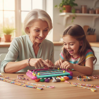 senior woman and young girl using the easy-tension braiding board to create handmade friendship bracelets