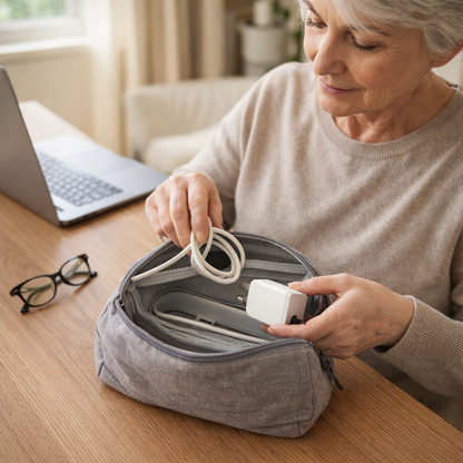 senior woman organizing her electronic cables and power blocks into a gray travel pouch at a desk