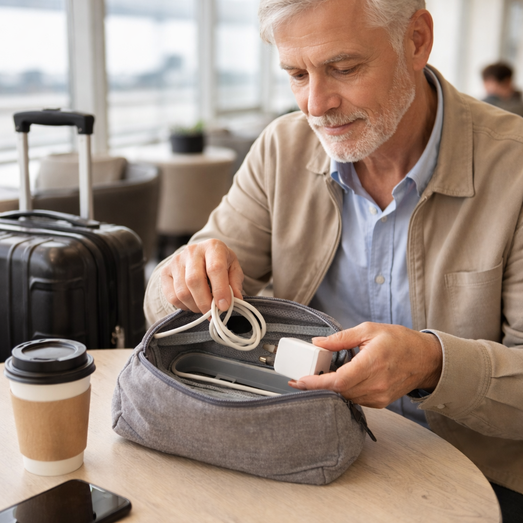 senior man sitting in a cafe while using a gray electronic bag to organize his travel gadgets