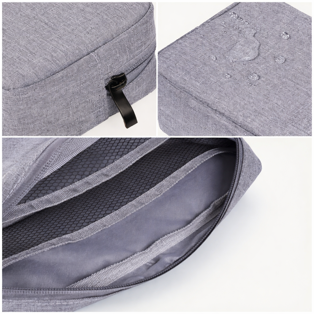 close-up detail of the durable waterproof fabric and sturdy zipper of the electronic bag organizer