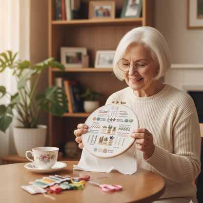 senior woman proudly displaying a finished embroidery project from the beginner-friendly kit