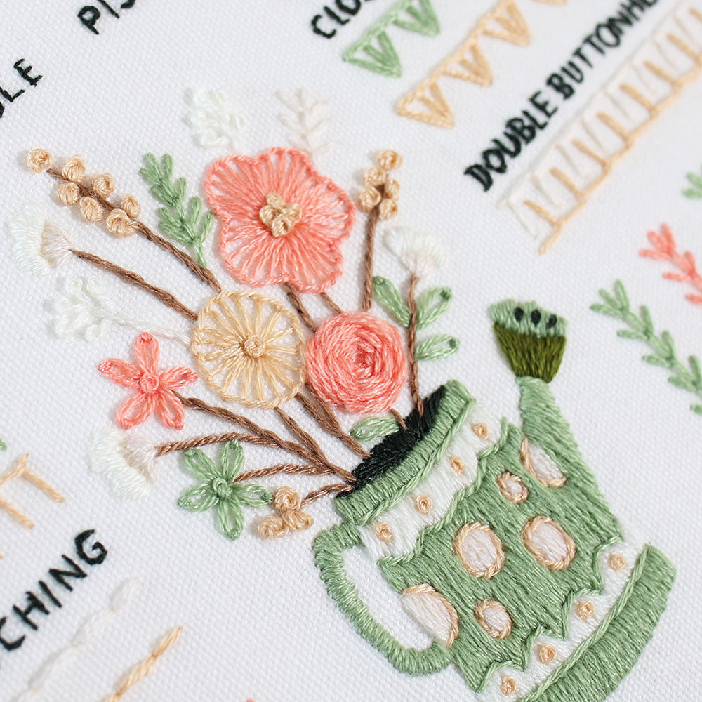 intricate floral watering can embroidery pattern showing high-quality thread work and stamped guides