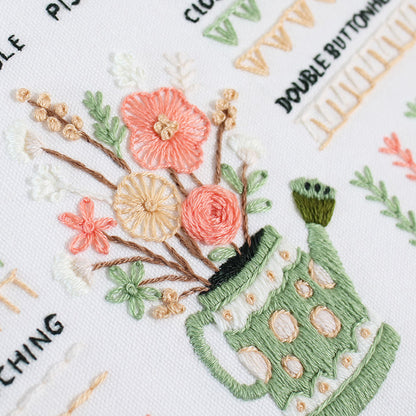 intricate floral watering can embroidery pattern showing high-quality thread work and stamped guides
