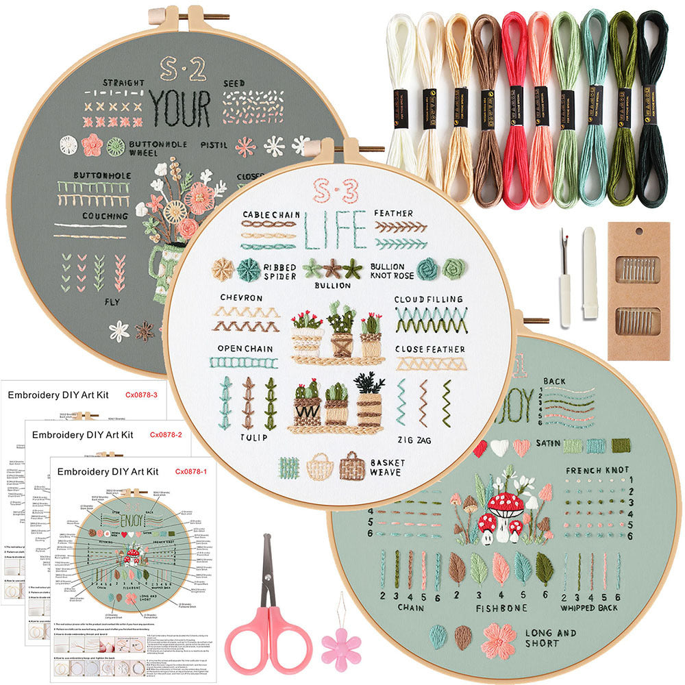 full embroidery kit for beginners featuring 3 stamped cross-stitch patterns with hoops, colorful threads, and tools