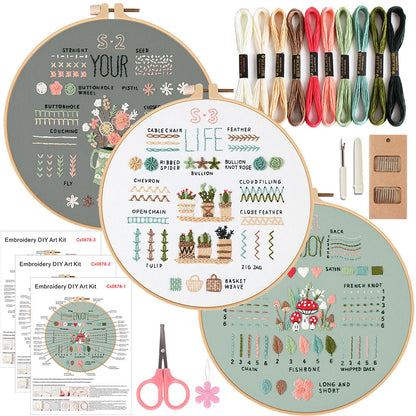 full embroidery kit for beginners featuring 3 stamped cross-stitch patterns with hoops, colorful threads, and tools