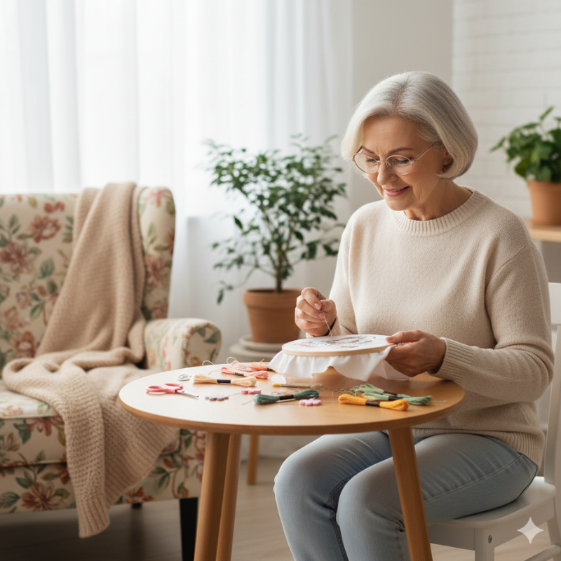 senior woman enjoying a relaxing hobby using a stamped cross-stitch embroidery kit at home