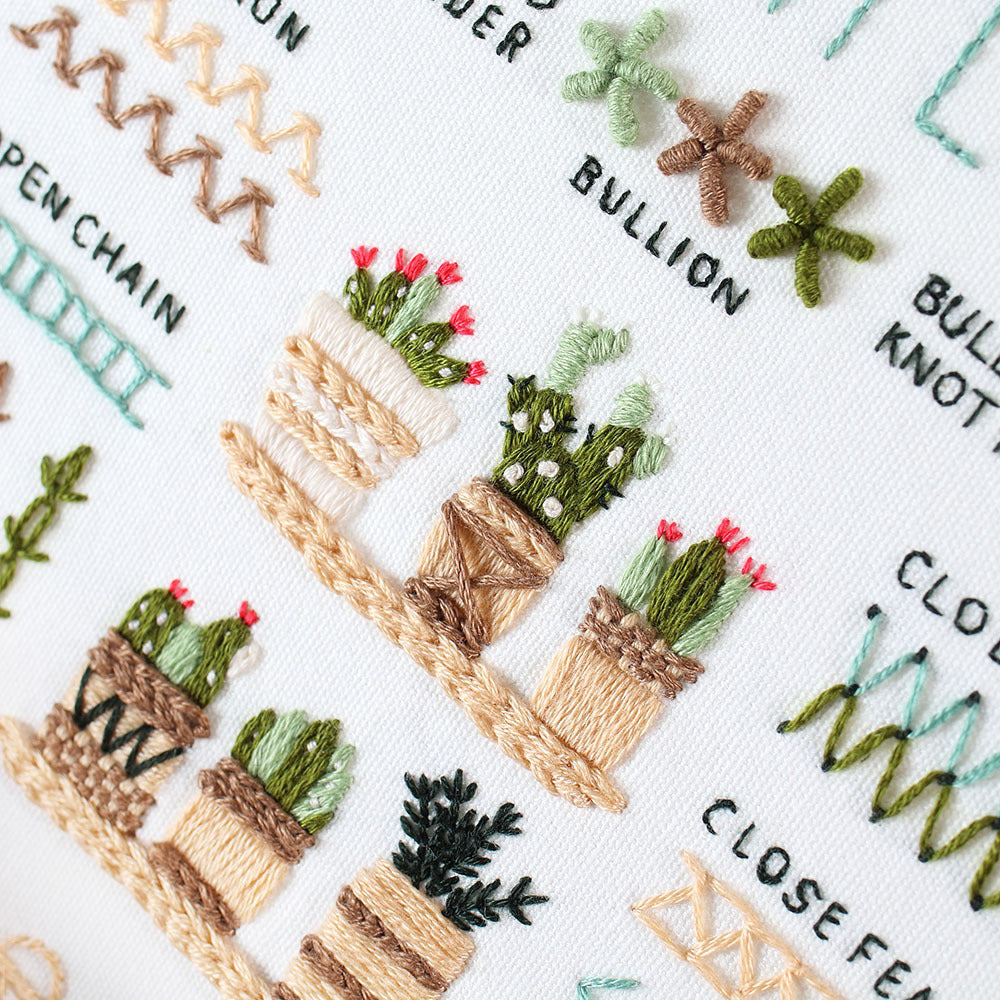 detailed view of various embroidery stitch styles including bullion knot and close feather on a potted plant design