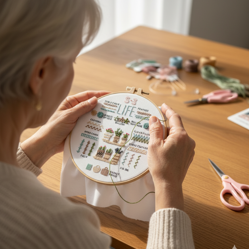 close-up of a senior artist working on a stamped life-themed embroidery pattern with a wooden hoop