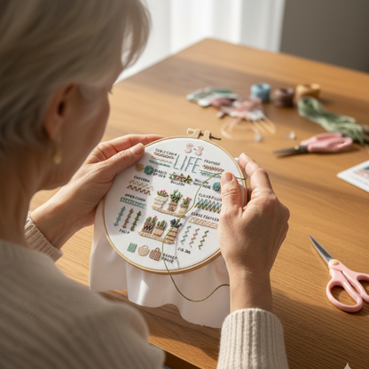 close-up of a senior artist working on a stamped life-themed embroidery pattern with a wooden hoop