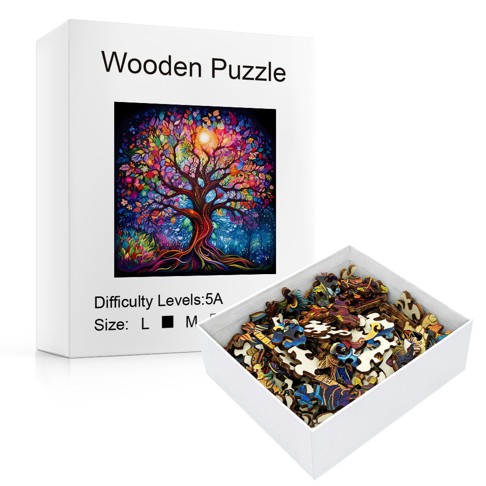 Enchanted Tree of Life wooden jigsaw puzzle packaging with an open box showing the loose wooden pieces.