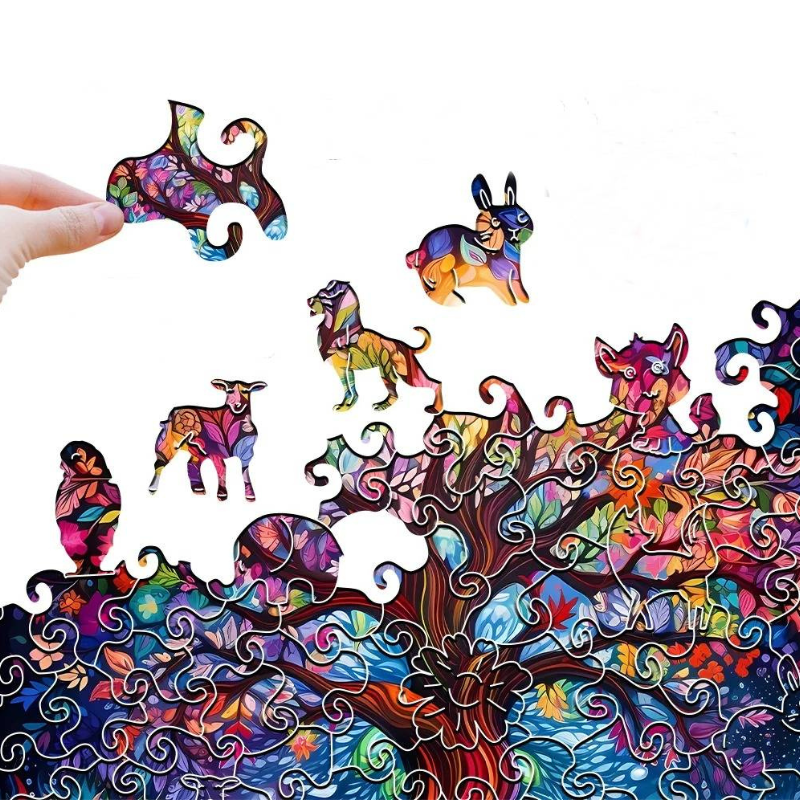 Close-up of unique animal-shaped wooden puzzle pieces including a rabbit, bird, and fox.