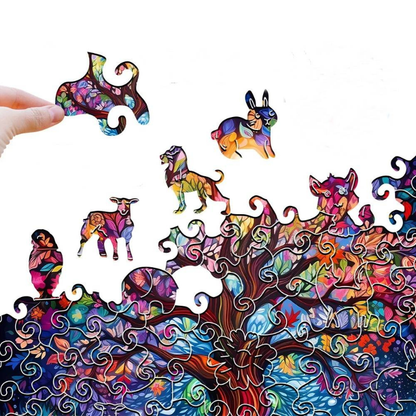 Close-up of unique animal-shaped wooden puzzle pieces including a rabbit, bird, and fox.