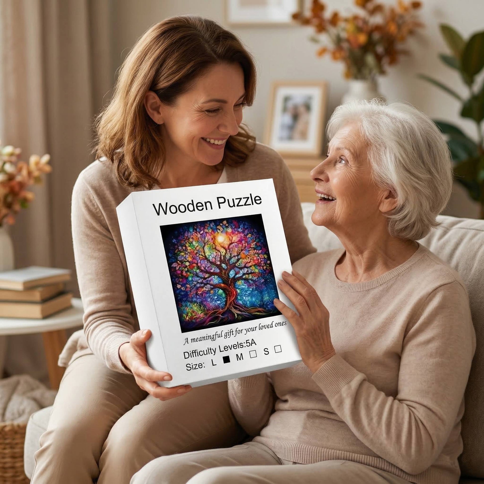 A young woman gifting the Enchanted Tree of Life wooden jigsaw puzzle box to an elderly woman.