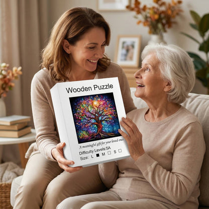 A young woman gifting the Enchanted Tree of Life wooden jigsaw puzzle box to an elderly woman.