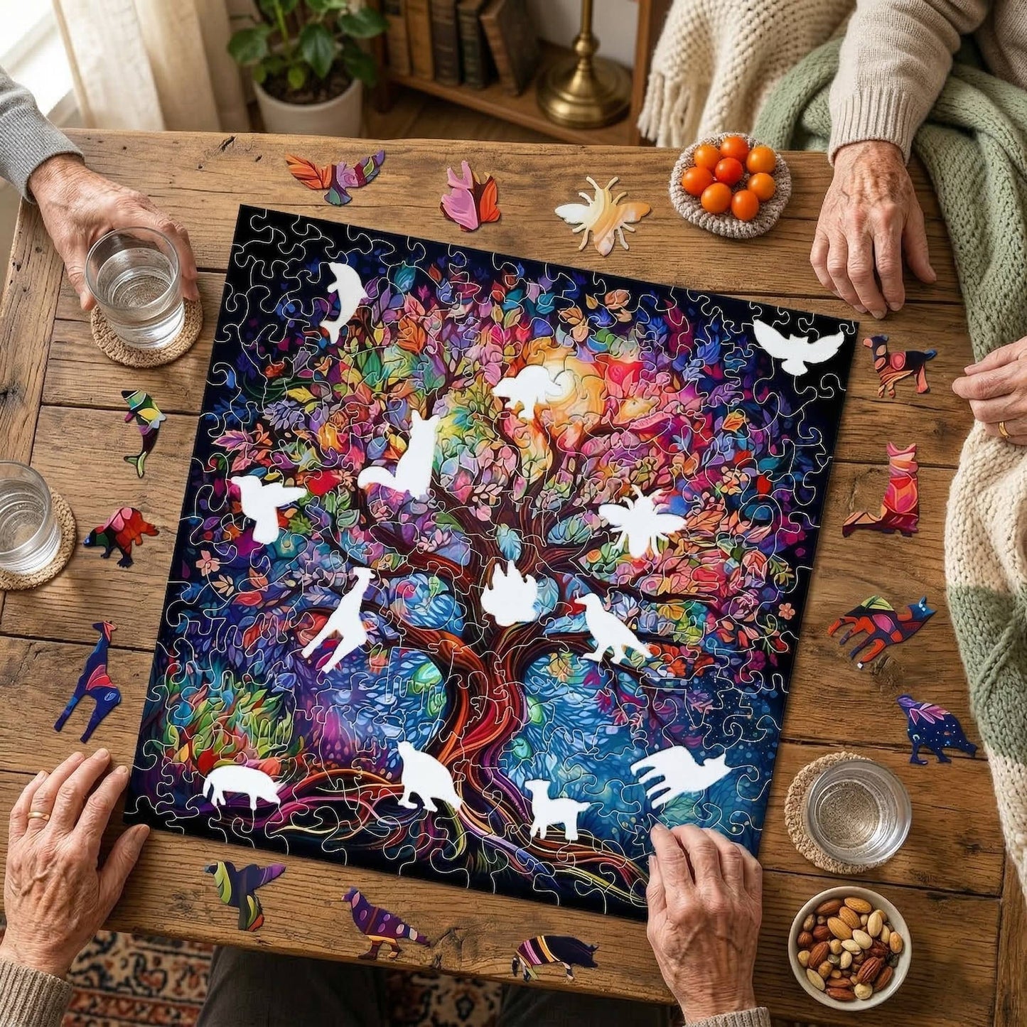 Top-down view of people working together on a wooden puzzle featuring animal silhouette cutouts.
