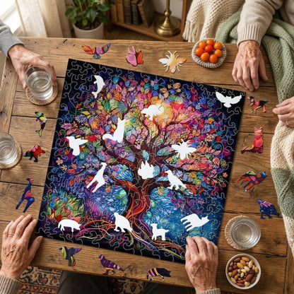 Top-down view of people working together on a wooden puzzle featuring animal silhouette cutouts.