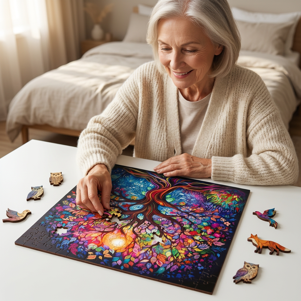 A woman happily assembling the colorful Tree of Life wooden jigsaw puzzle on a white desk at home.