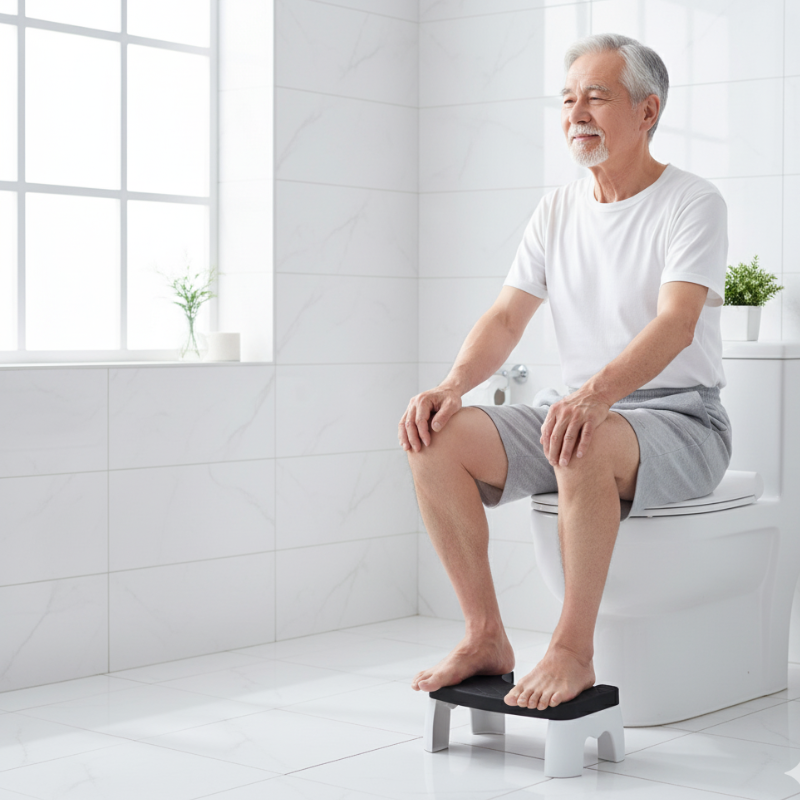 senior man using a white foldable toilet stool to achieve the healthy 35-degree squatting position