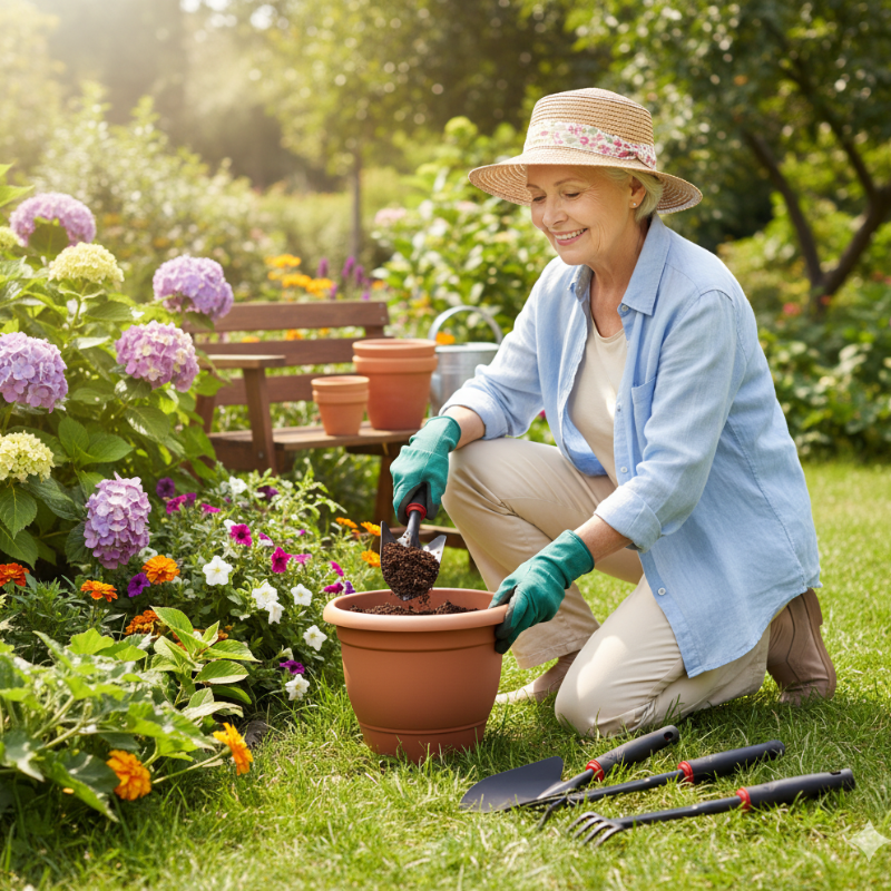 senior gardener planting flowers using lightweight ergonomic hand gardening tools